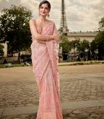 Trendmalls  Peach Heavy Butterfly Net Embroidery Party Wear Saree With Blouse