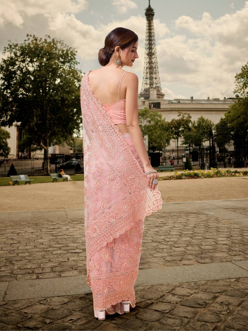 Trendmalls  Peach Heavy Butterfly Net Embroidery Party Wear Saree With Blouse