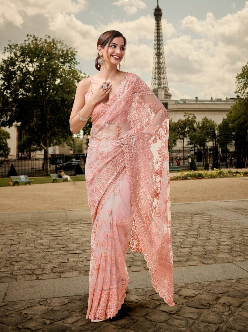 Trendmalls  Peach Heavy Butterfly Net Embroidery Party Wear Saree With Blouse