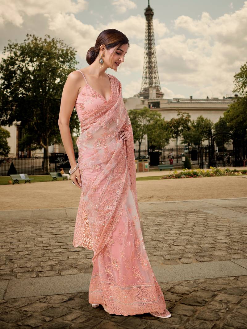 Trendmalls  Peach Heavy Butterfly Net Embroidery Party Wear Saree With Blouse