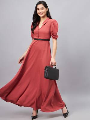 Winered women pink collared flared full length dress 1