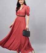 Winered women pink collared flared full length dress
