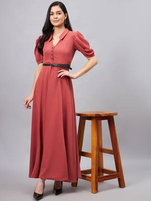 Winered women pink collared flared full length dress 2