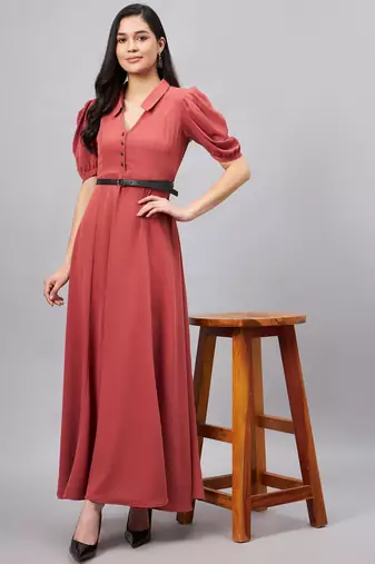 Winered women pink collared flared full length dress