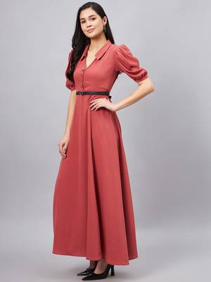 Winered women pink collared flared full length dress 3
