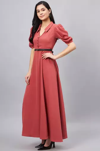 Winered women pink collared flared full length dress