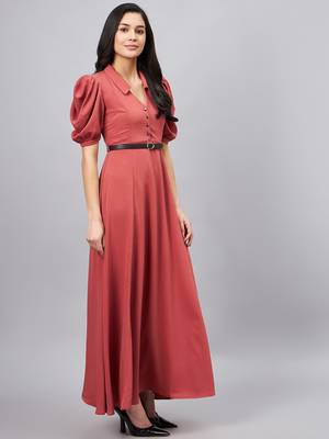 Winered women pink collared flared full length dress 4