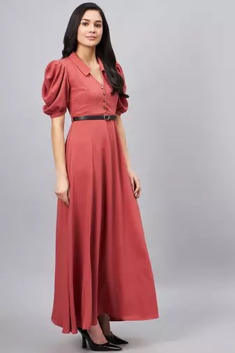 Winered women pink collared flared full length dress