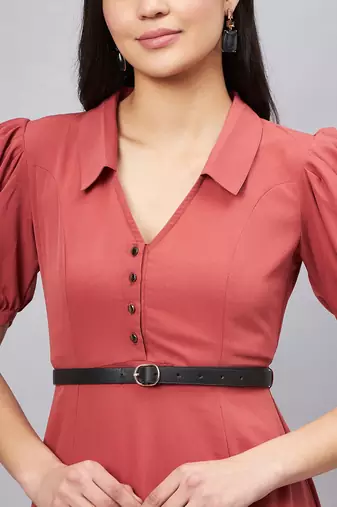 Winered women pink collared flared full length dress