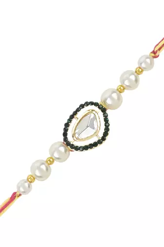 rakshabhandhan special kundan bhaiya bhabhi pearl hanging lumba bracelet rakhi combo set with roli chawal