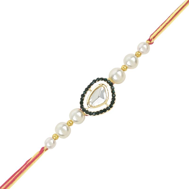 rakshabhandhan special kundan bhaiya bhabhi pearl hanging lumba bracelet rakhi combo set with roli chawal