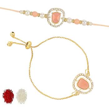rakshabhandhan special kundan bhaiya bhabhi pearl hanging lumba bracelet rakhi combo set with roli chawal 2