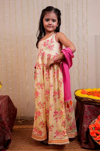 Yellow full length block printed kurta set