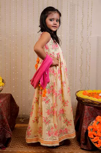 Yellow full length block printed kurta set