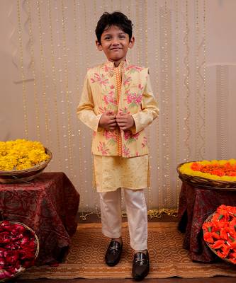 Yellow block printed nehru jacket set 1