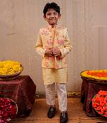 Yellow block printed nehru jacket set