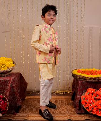 Yellow block printed nehru jacket set 2