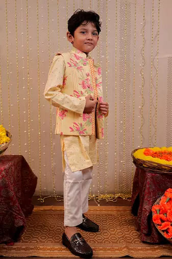 Yellow block printed nehru jacket set