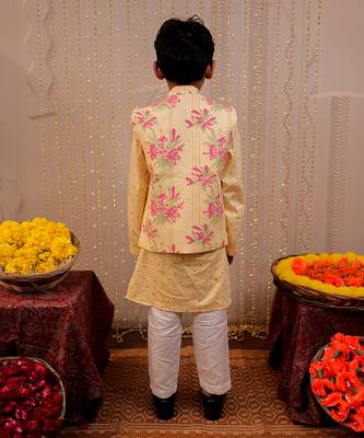 Yellow block printed nehru jacket set 3