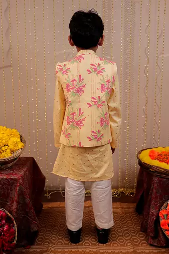 Yellow block printed nehru jacket set