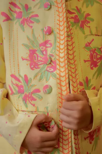 Yellow block printed nehru jacket set
