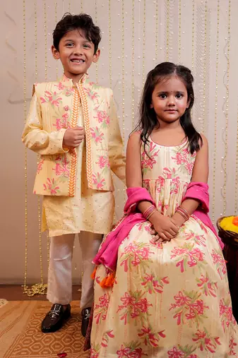 Yellow block printed nehru jacket set