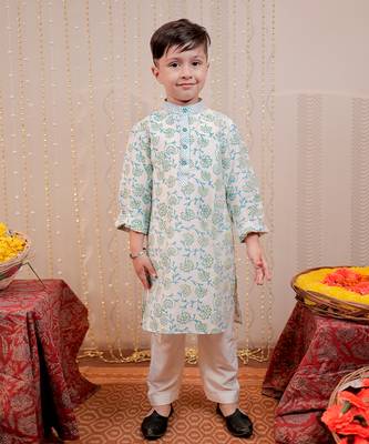 White block printed cotton silk kurta set 1