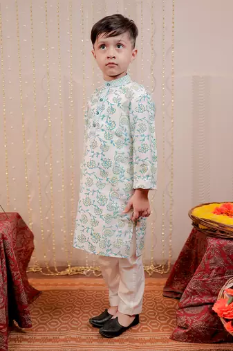 White block printed cotton silk kurta set