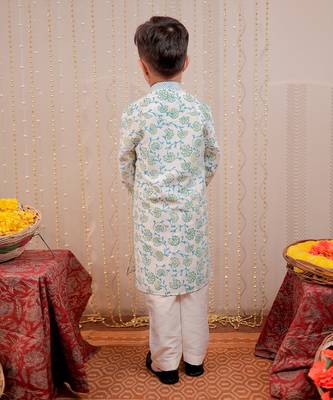 White block printed cotton silk kurta set 3