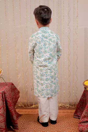 White block printed cotton silk kurta set