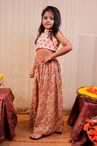 Peach block printed sharara set