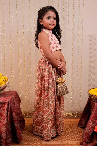 Peach block printed sharara set