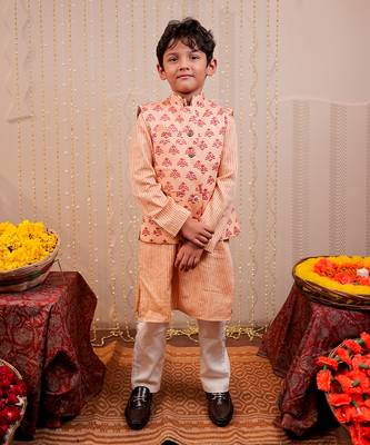 Peach block printed nehru jacket set 1
