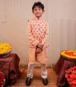 Peach block printed nehru jacket set