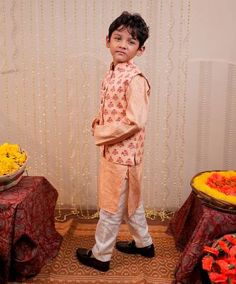 Peach block printed nehru jacket set 2