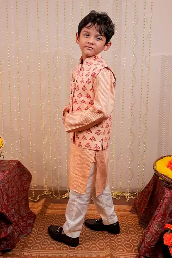 Peach block printed nehru jacket set