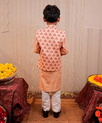 Peach block printed nehru jacket set 3