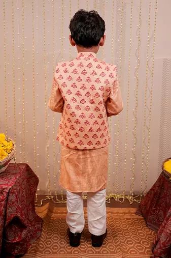 Peach block printed nehru jacket set