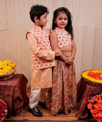 Peach block printed nehru jacket set 5