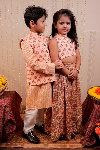 Peach block printed nehru jacket set
