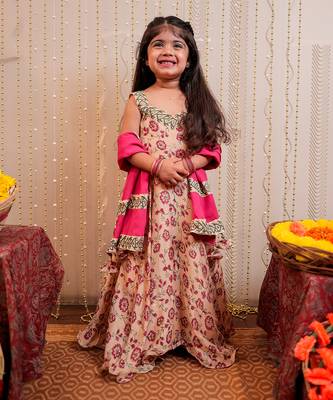 Beige full length block printed kurta set 1