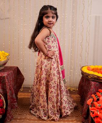 Beige full length block printed kurta set 2