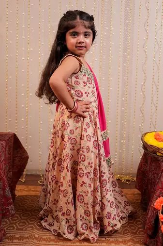 Beige full length block printed kurta set