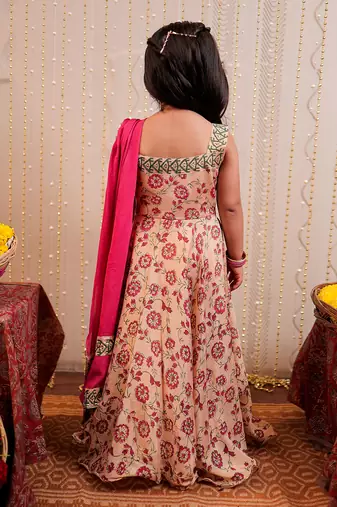 Beige full length block printed kurta set