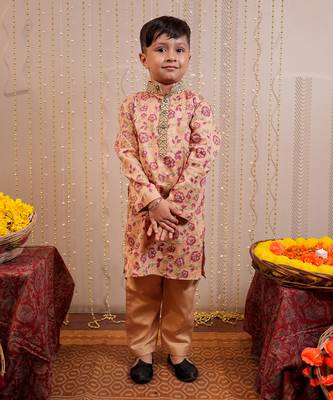 Beige block printed kurta set 1
