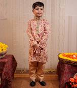 Beige block printed kurta set