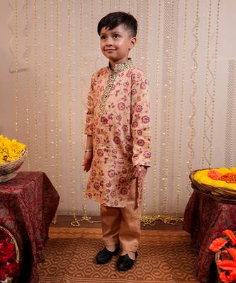 Beige block printed kurta set 2