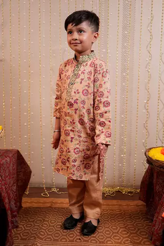 Beige block printed kurta set