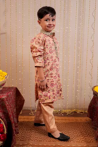 Beige block printed kurta set