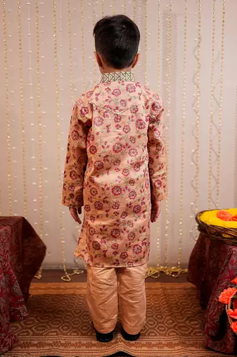 Beige block printed kurta set